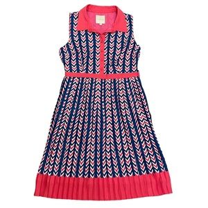 ModCloth Large Chevron Pink Blue Polyester Fit&Flare Dress Buttoned Front Collar